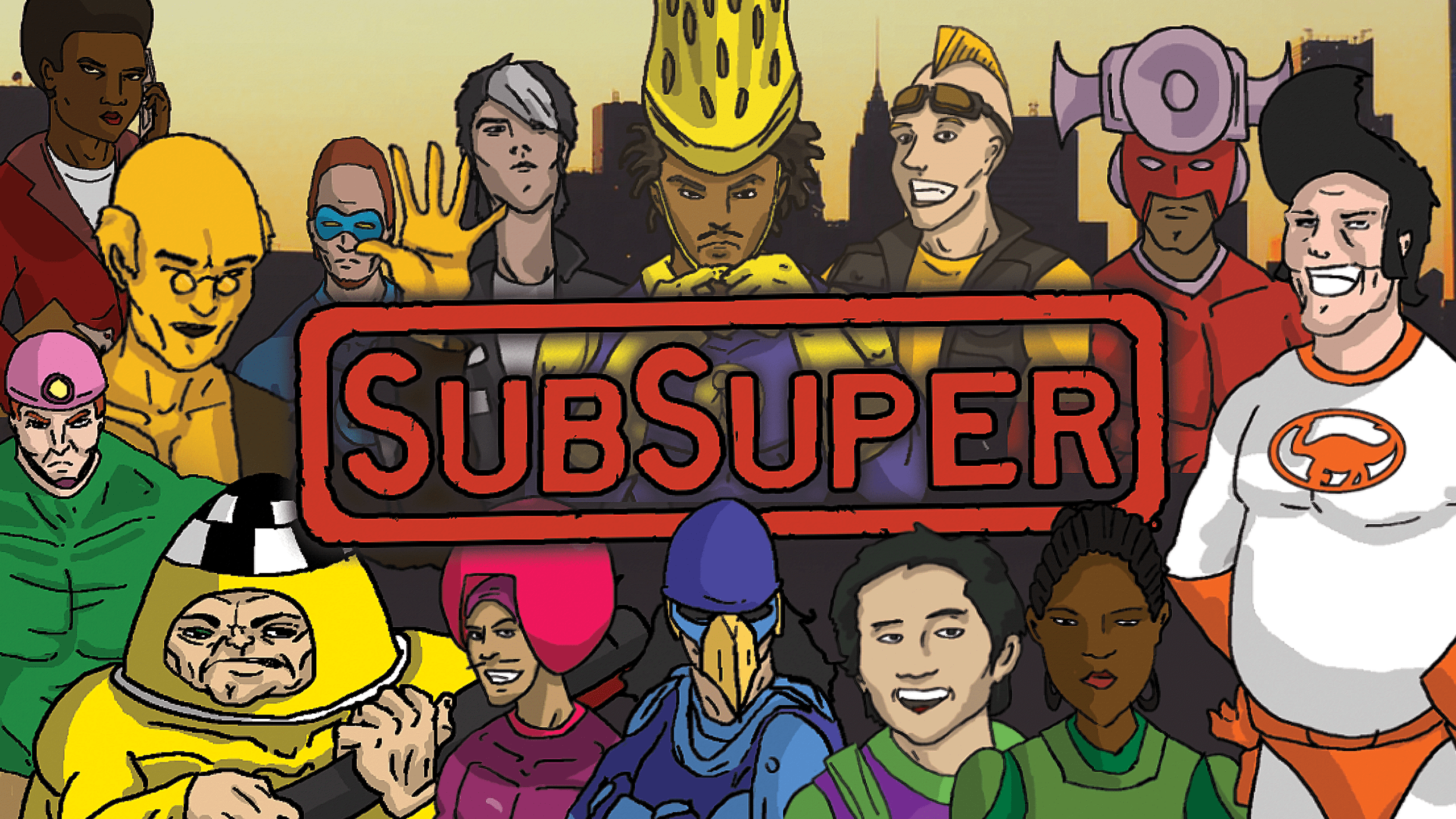 The main cast from SubSuper book one gathered around the logo.